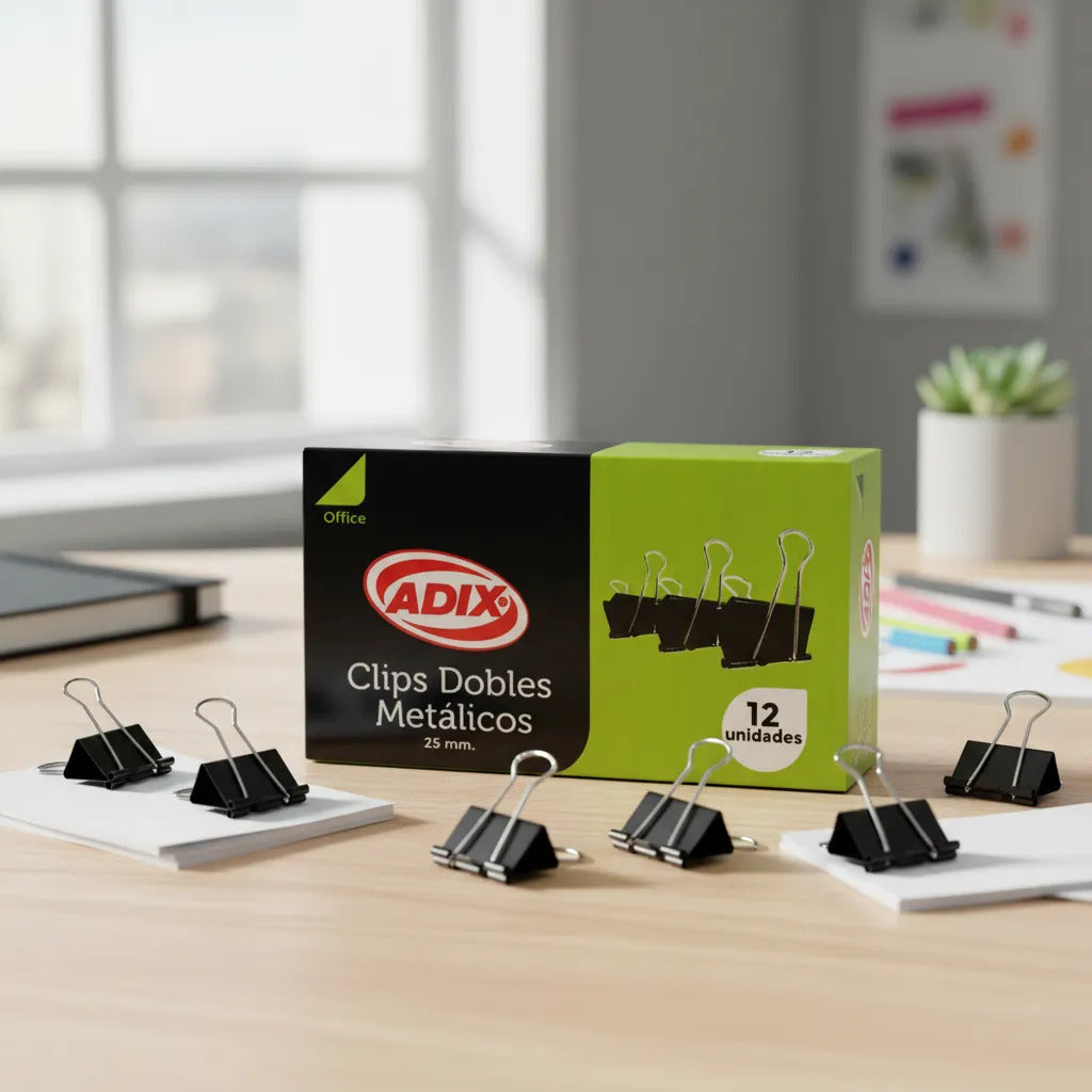 Clips Dobles Adix 25mm x 12 Uds, Metal Negro