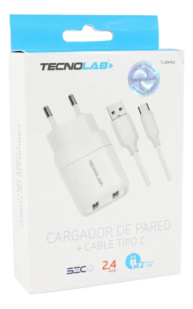 Cargador Doble USB 12W Tecnolab + Cable Tipo C