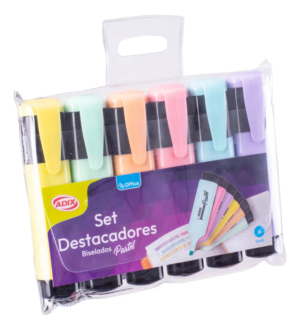 Destacadores Adix Biselados x6, Colores Pastel