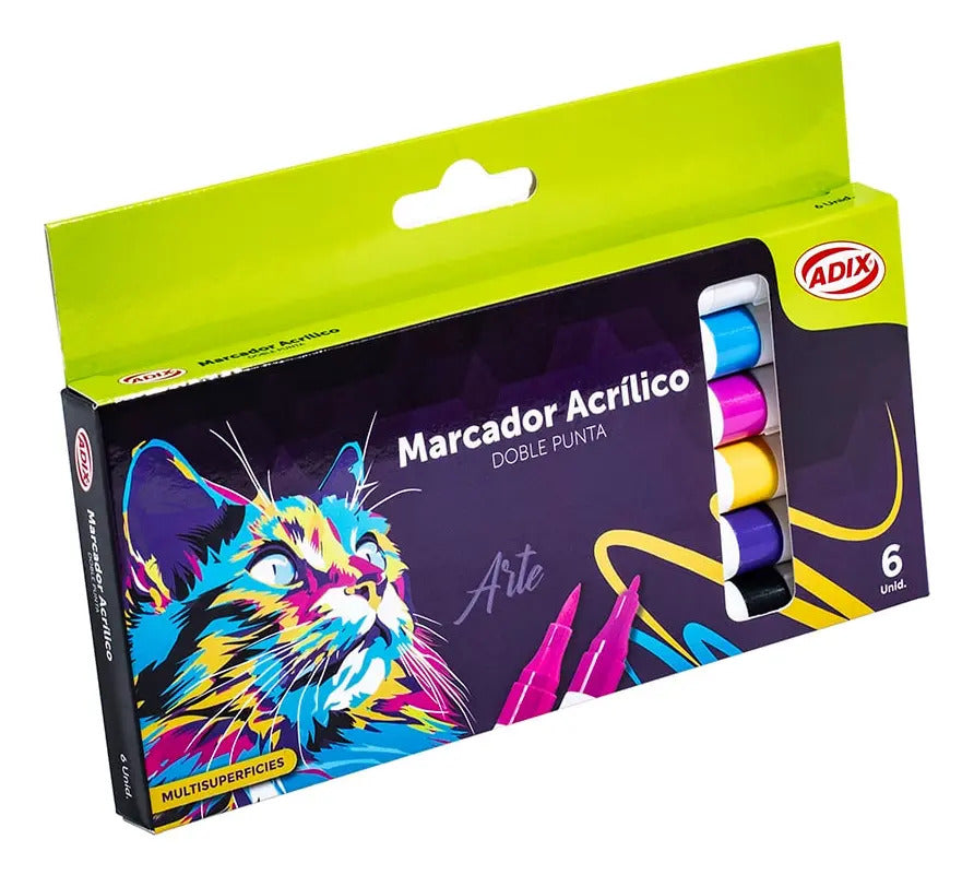 Marcador Acrílico Adix Doble Punta, Pack 6 Colores