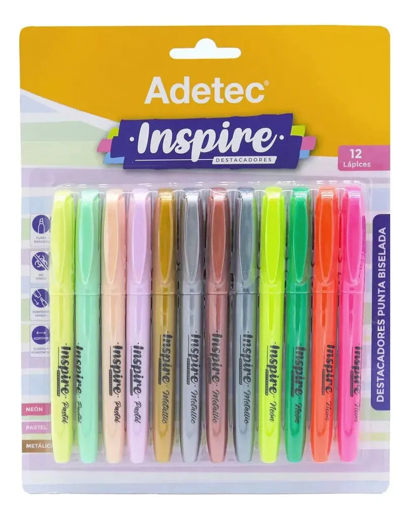 Destacadores Adetec Inspire, Set de 12 Colores