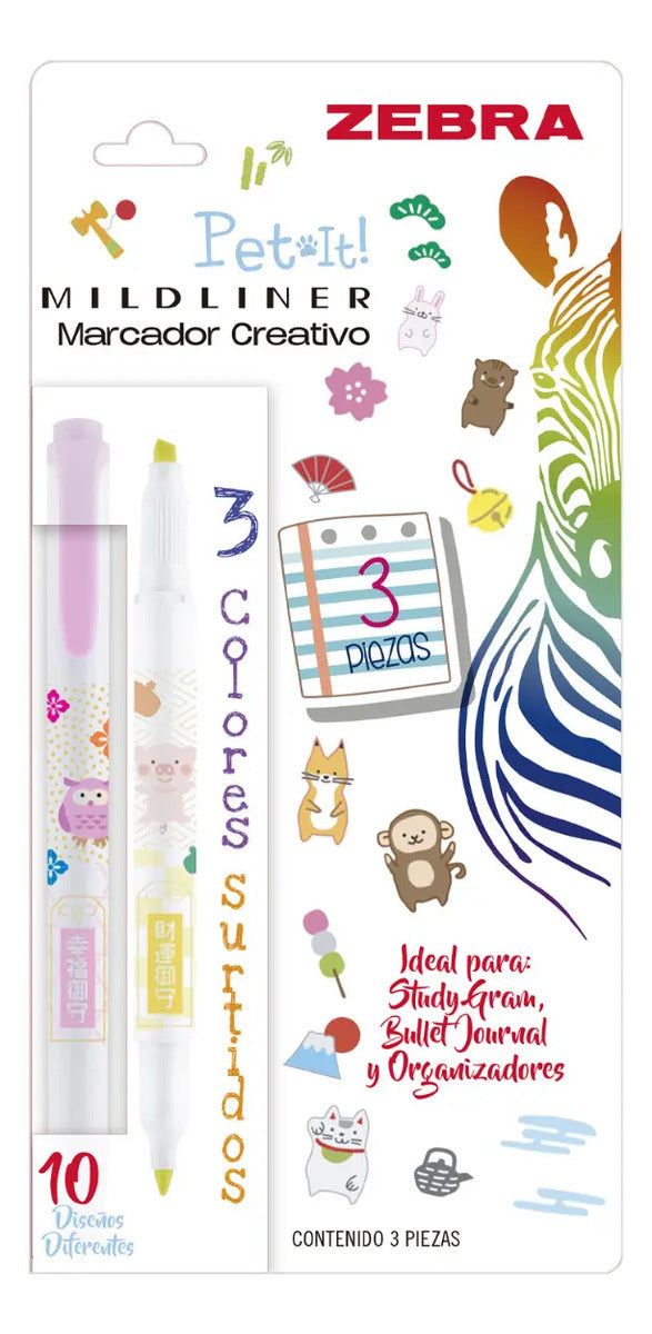 Set 3 Marcadores Mildliner Pet It Zebra Doble Punta