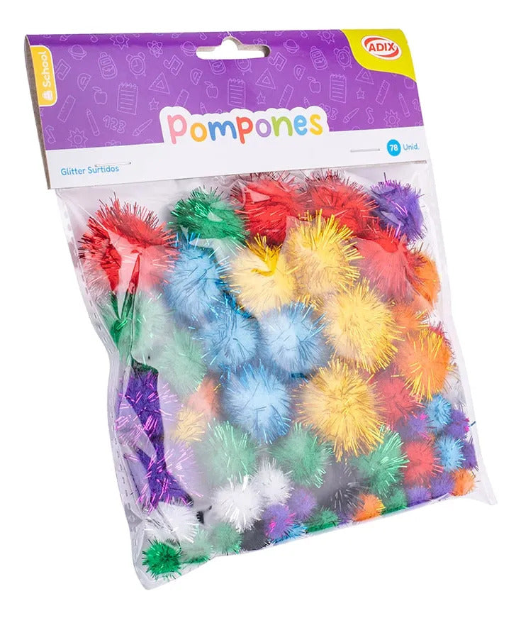 Pompón Glitter Surtido Adix Pack 78u Mix Medidas
