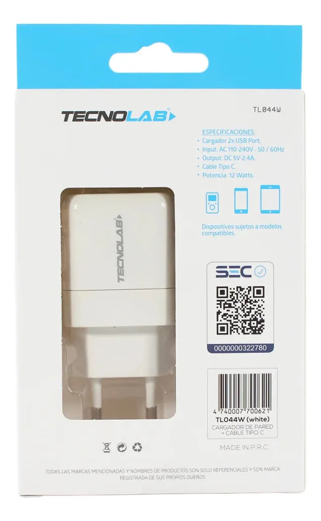 Cargador Doble USB 12W Tecnolab + Cable Tipo C
