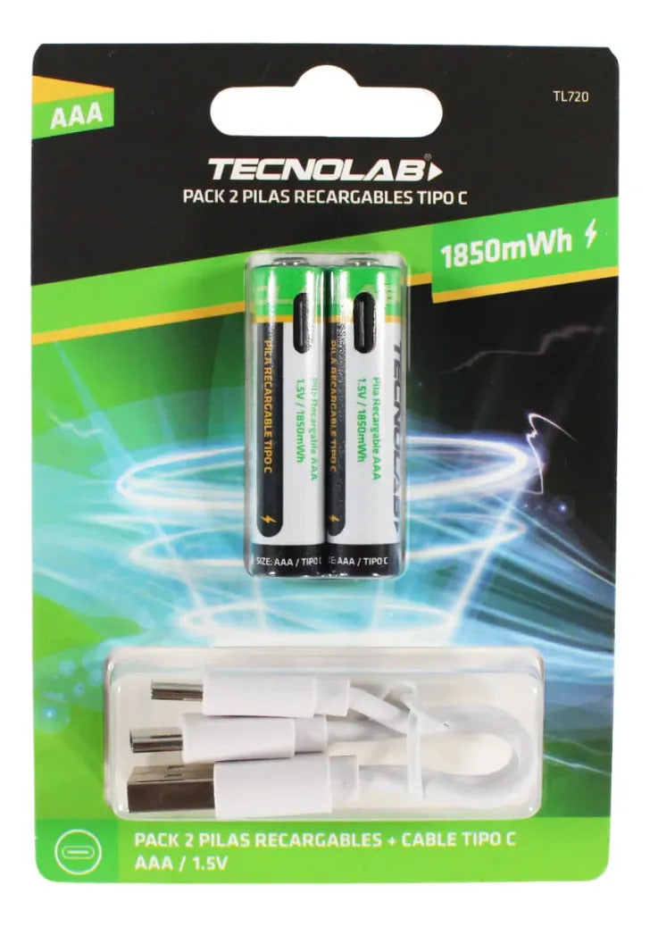 Pack 2 Pilas Recargables Tecnolab Aaa Con Cable De Carga Usb