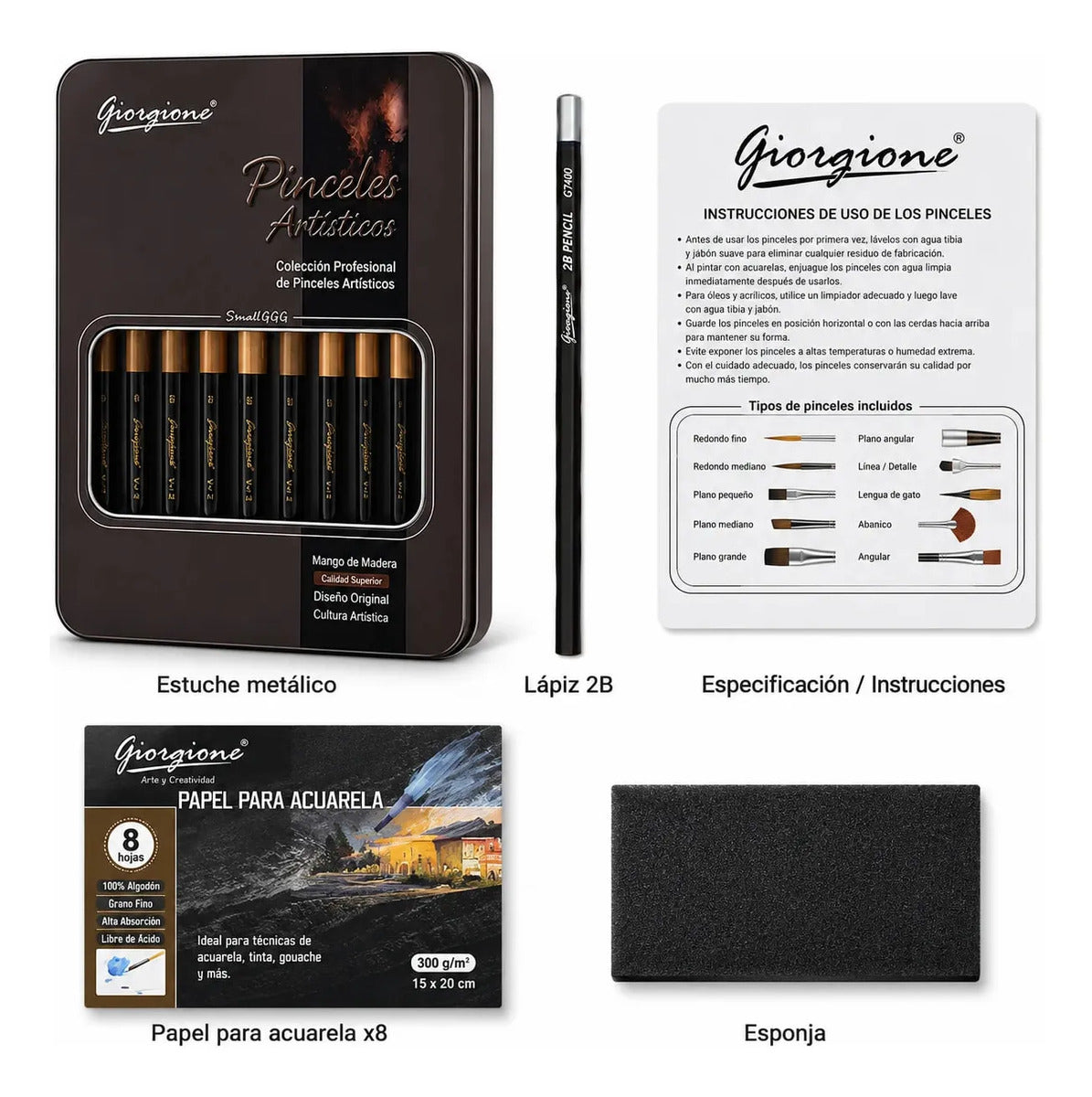Set 12 Pinceles Profesionales Giorgione Caja Metal
