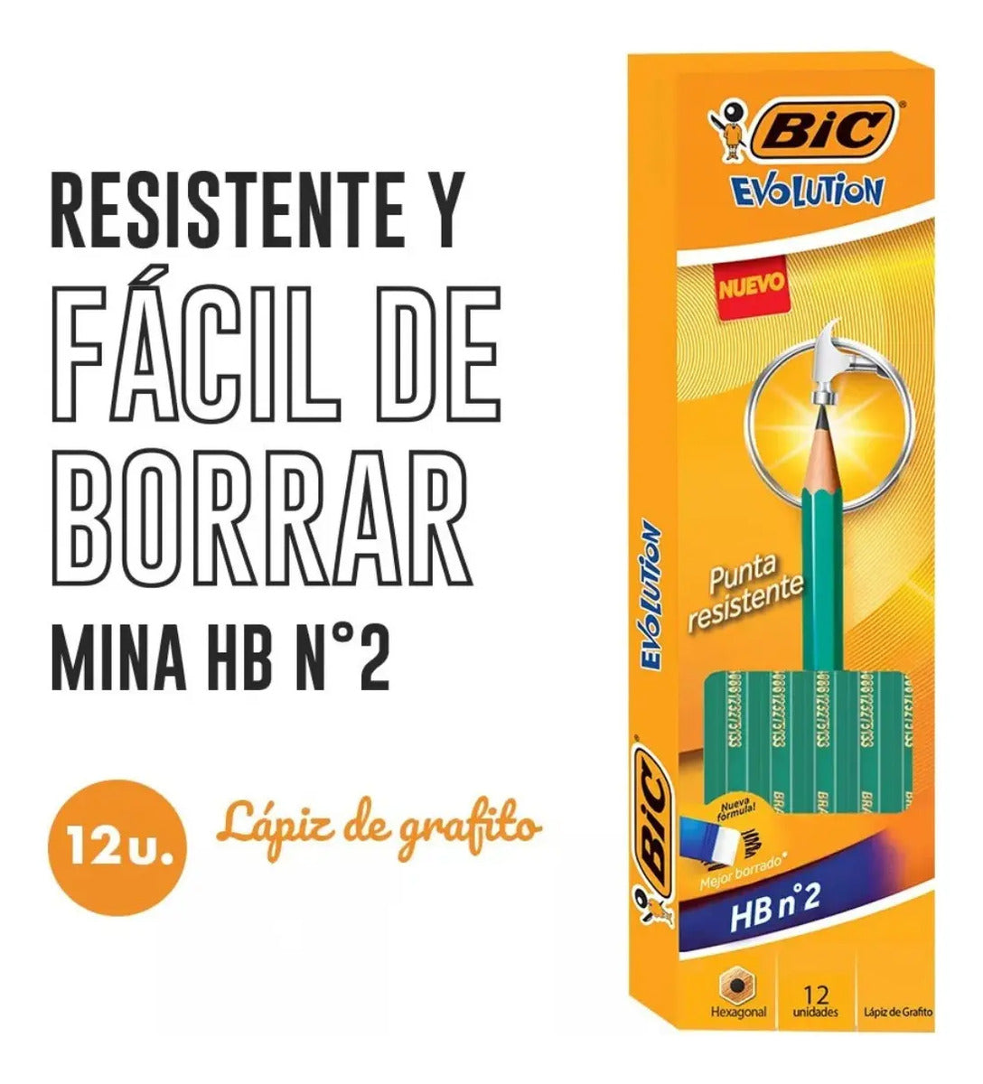 Lápiz Grafito Bic Evolution HB 2 sin Goma Pack 12