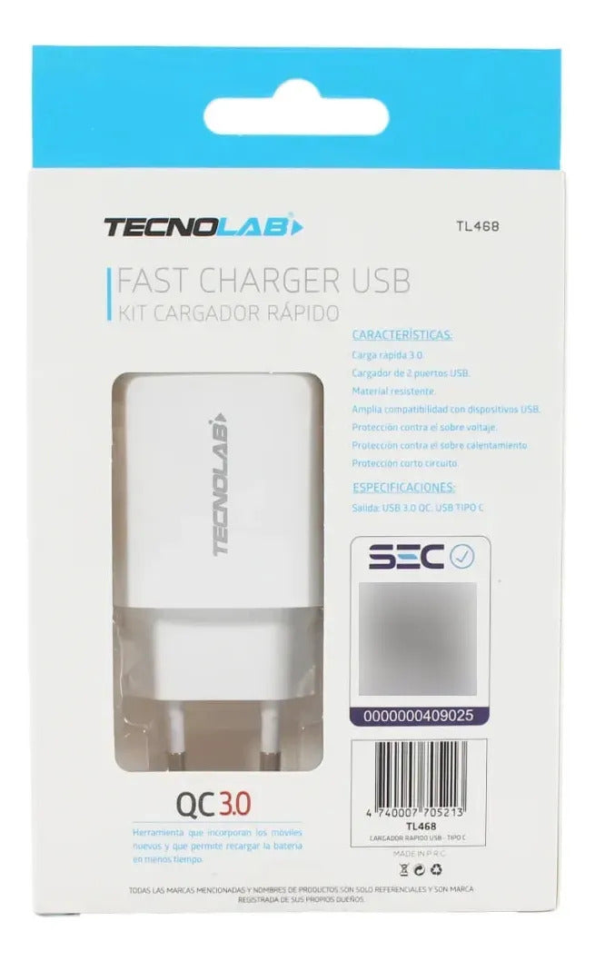 Cargador Rápido Dual 20W Tecnolab + Cable USB-C a USB-C