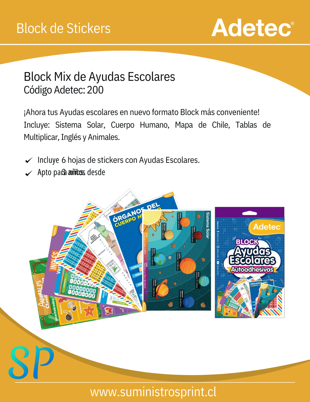 Block De Stickers Mix Ayudas Escolares Adetec 6 Hojas Adetec - 200