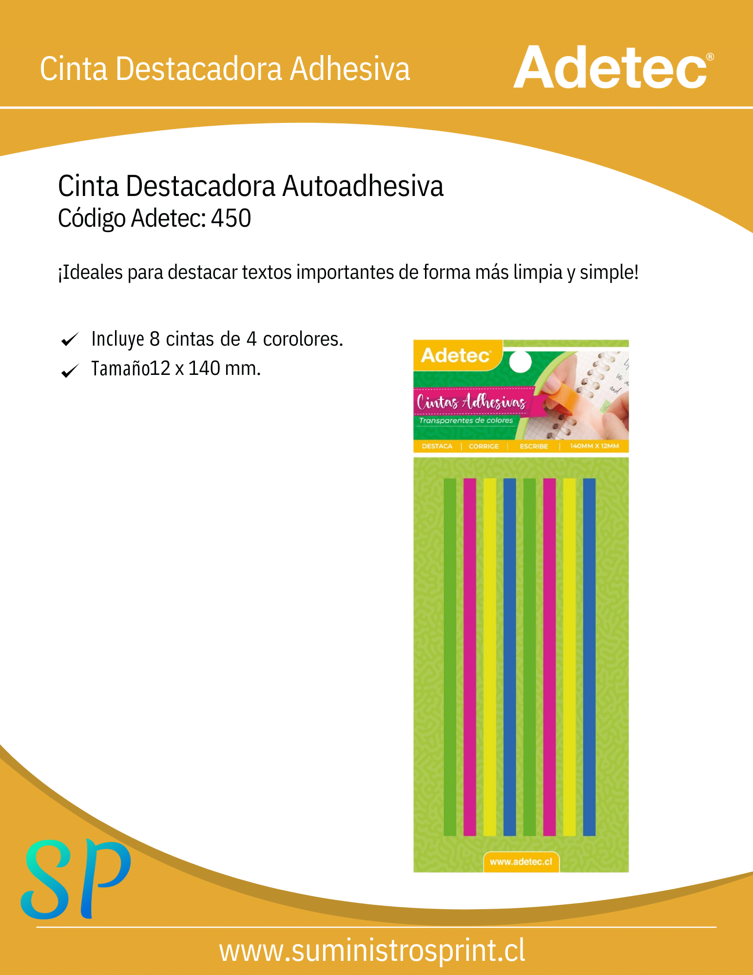 Cinta Destacada Adhesiva 8 Tiras De Colores Fluor Adetec