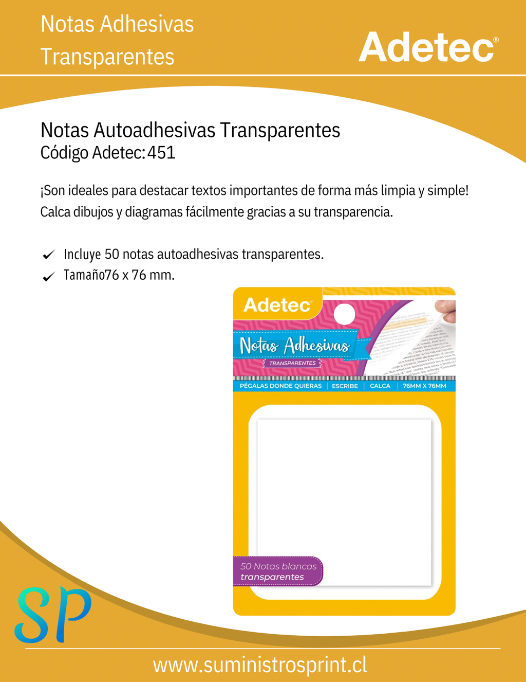 Notas Adhesivas Transparentes 76x76mm 50 Unidades Adetec