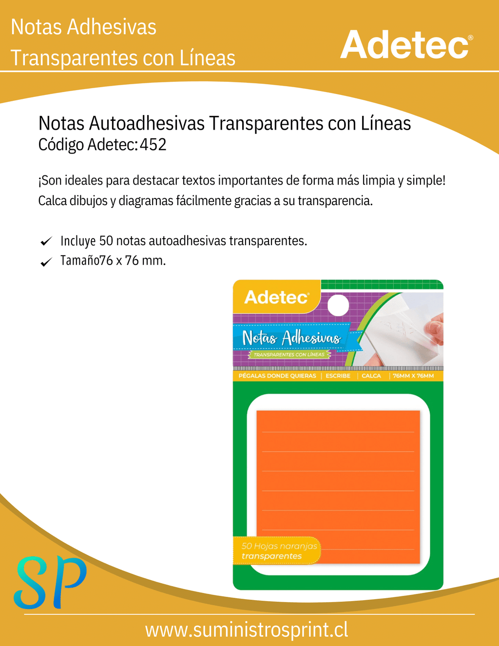 Notas Adhesivas Naranjas Transparentes con Línea 76x76mm 50 Unidades Adetec