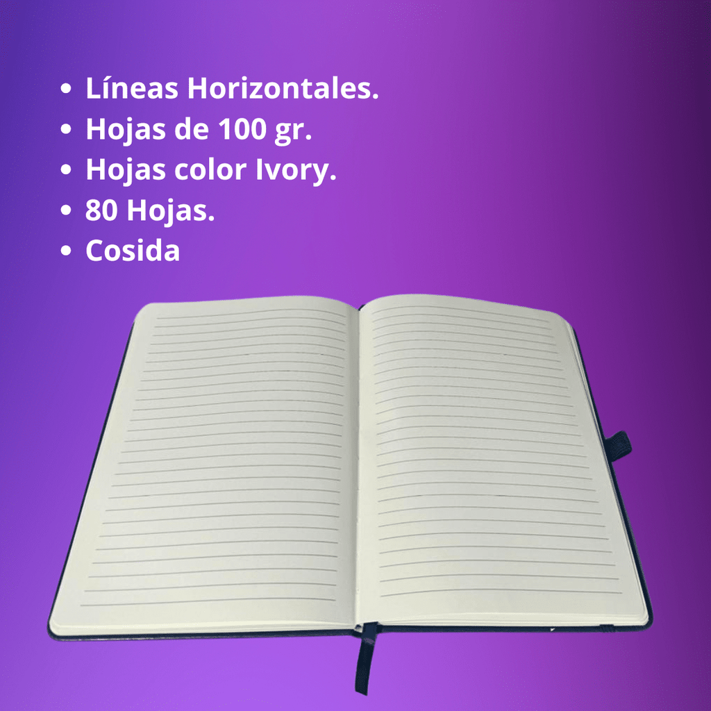 Libreta de Notas A6 Negra Cosida Con Elástico - Papel Ivory De 100gr x 80 Hojas Adetec