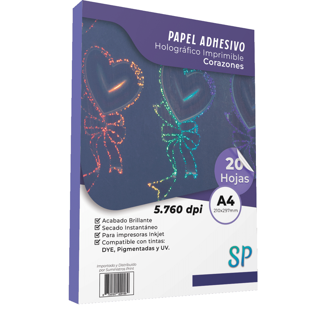 Papel Adhesivo Holográfico Imprimible Corazones A4 X 20 Hojas SP