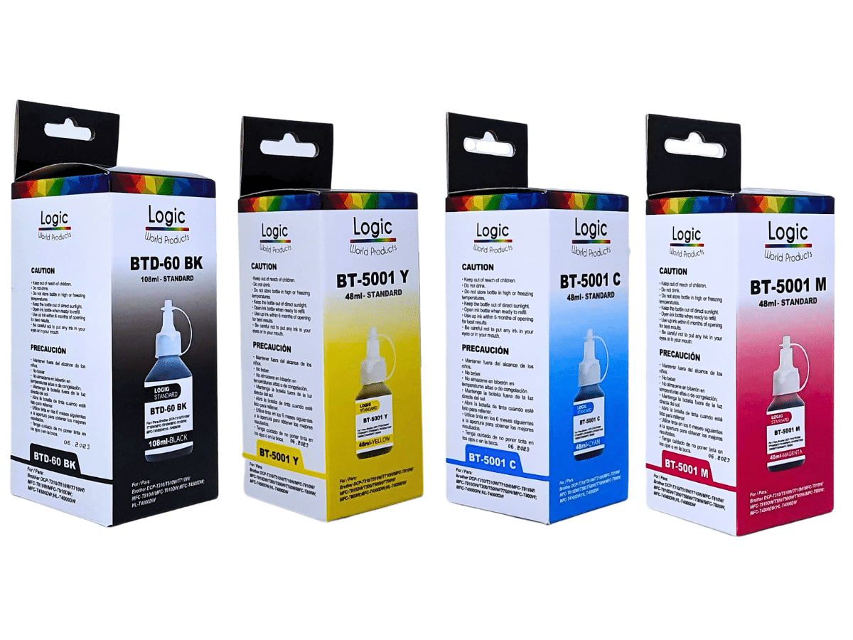 Pack 4 Tintas Para Brother BTD60BK 108ml BT5001 Colores 48ml Logic