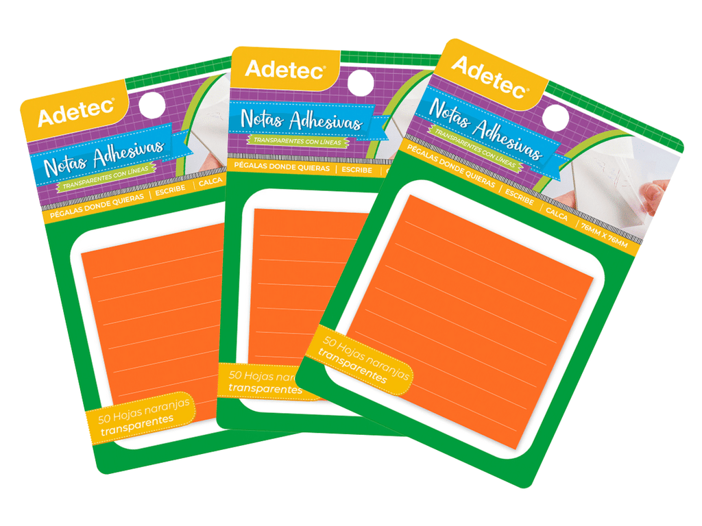 Pack 150 Notas Adhesivas Naranjas Transparentes con Línea 76x76mm Adetec