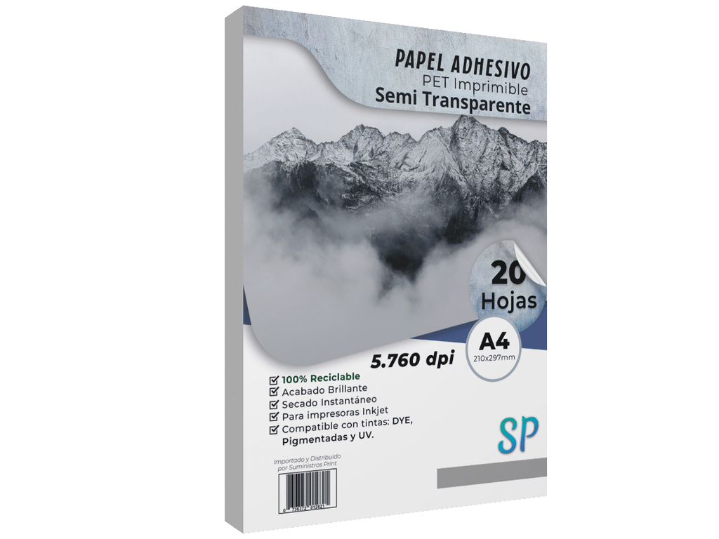 Papel Adhesivo PET Imprimible Semi Transparente A4 X 20 Hojas SP
