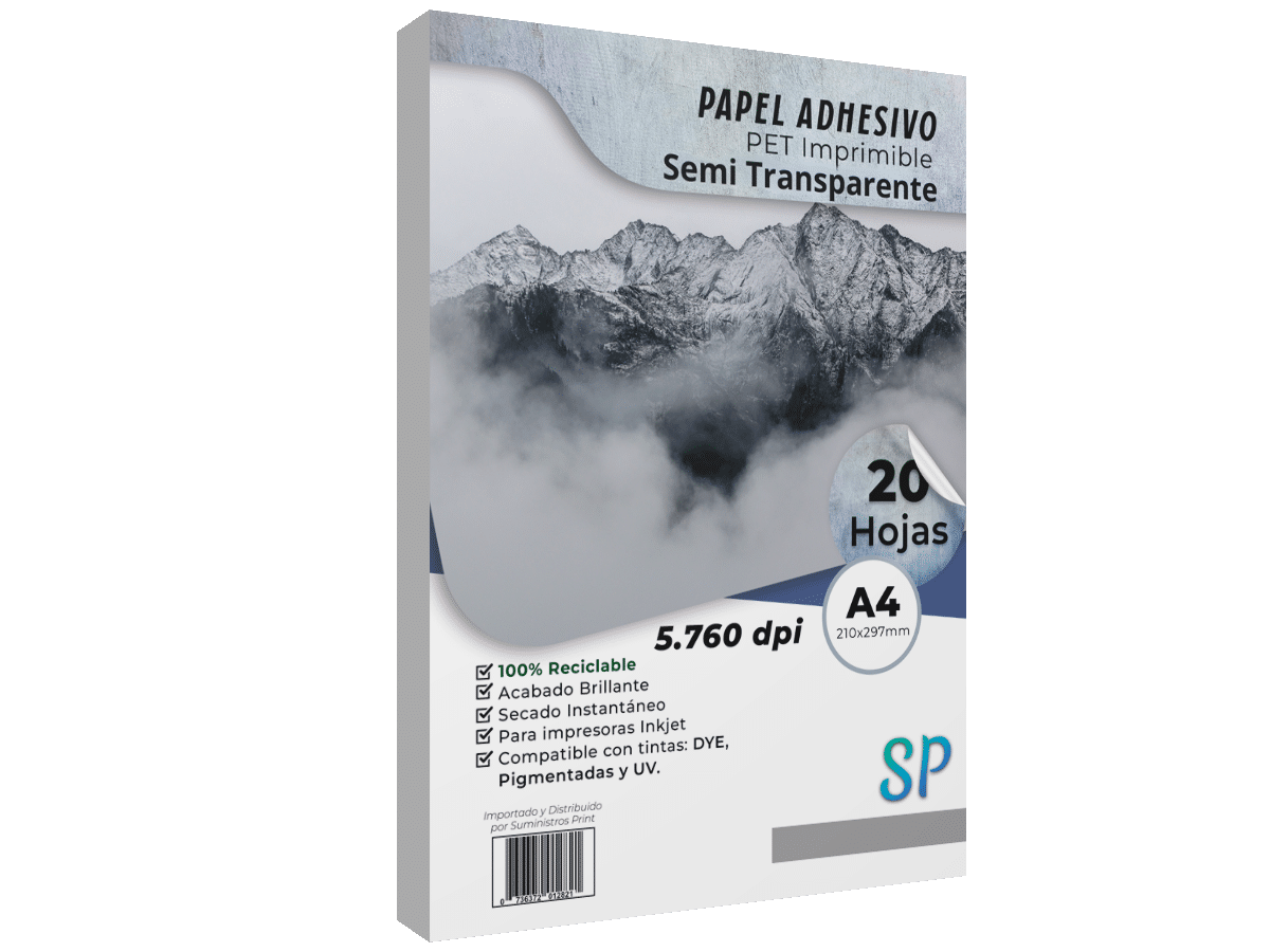 Papel Adhesivo PET Imprimible Semi Transparente A4 X 20 Hojas SP