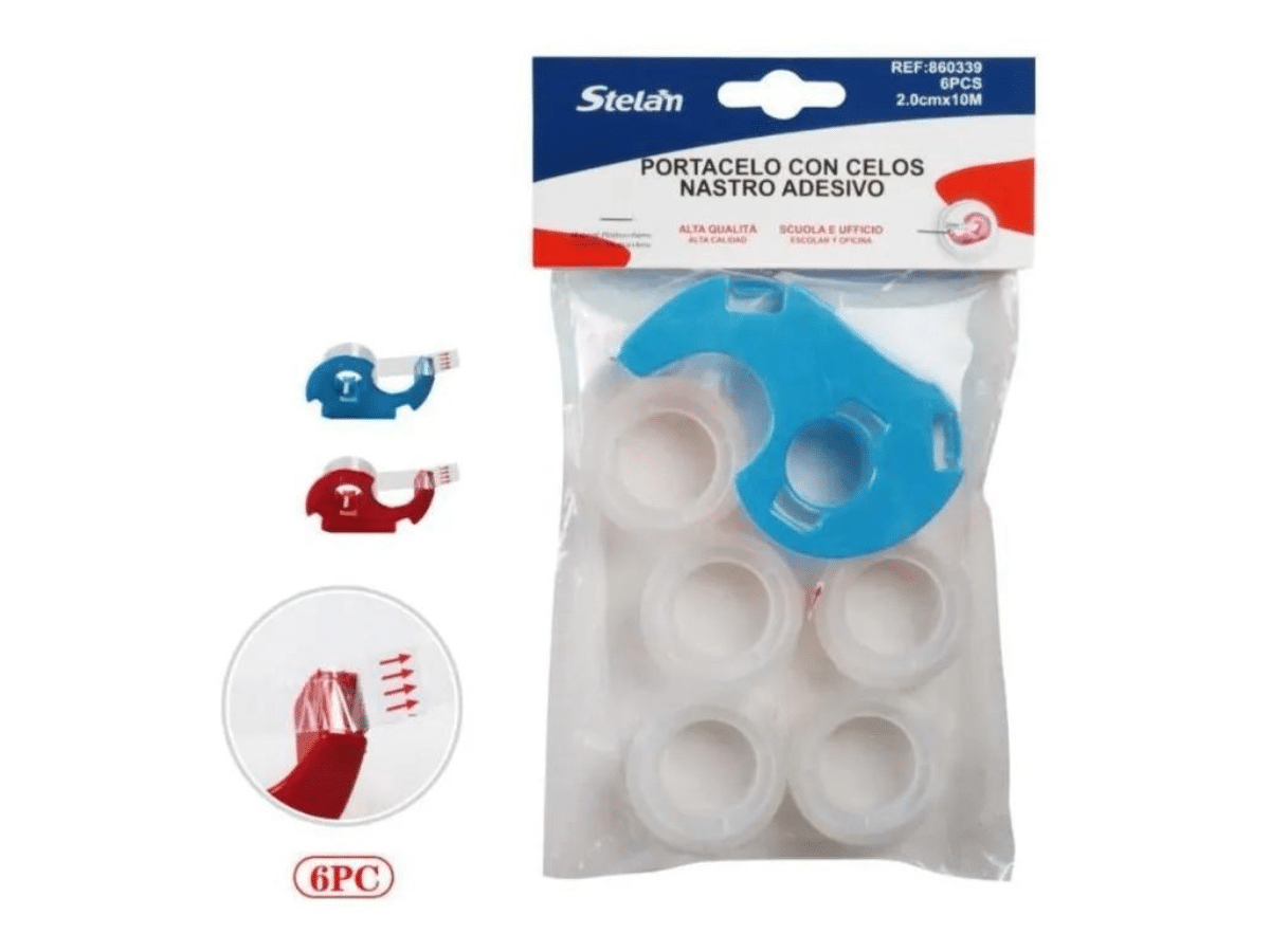 Cinta Adhesiva Transparente Para oficina Con Dispensador Portacelo 6 Pzas